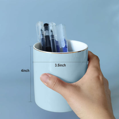 HANKOR Ceramic Pencil Holder for Desk - Cute Gold Trim Pen Aesthetic Makeup Brush Cup Holder Organizer for Desktop Storage Stationery Office Home Supplies, White