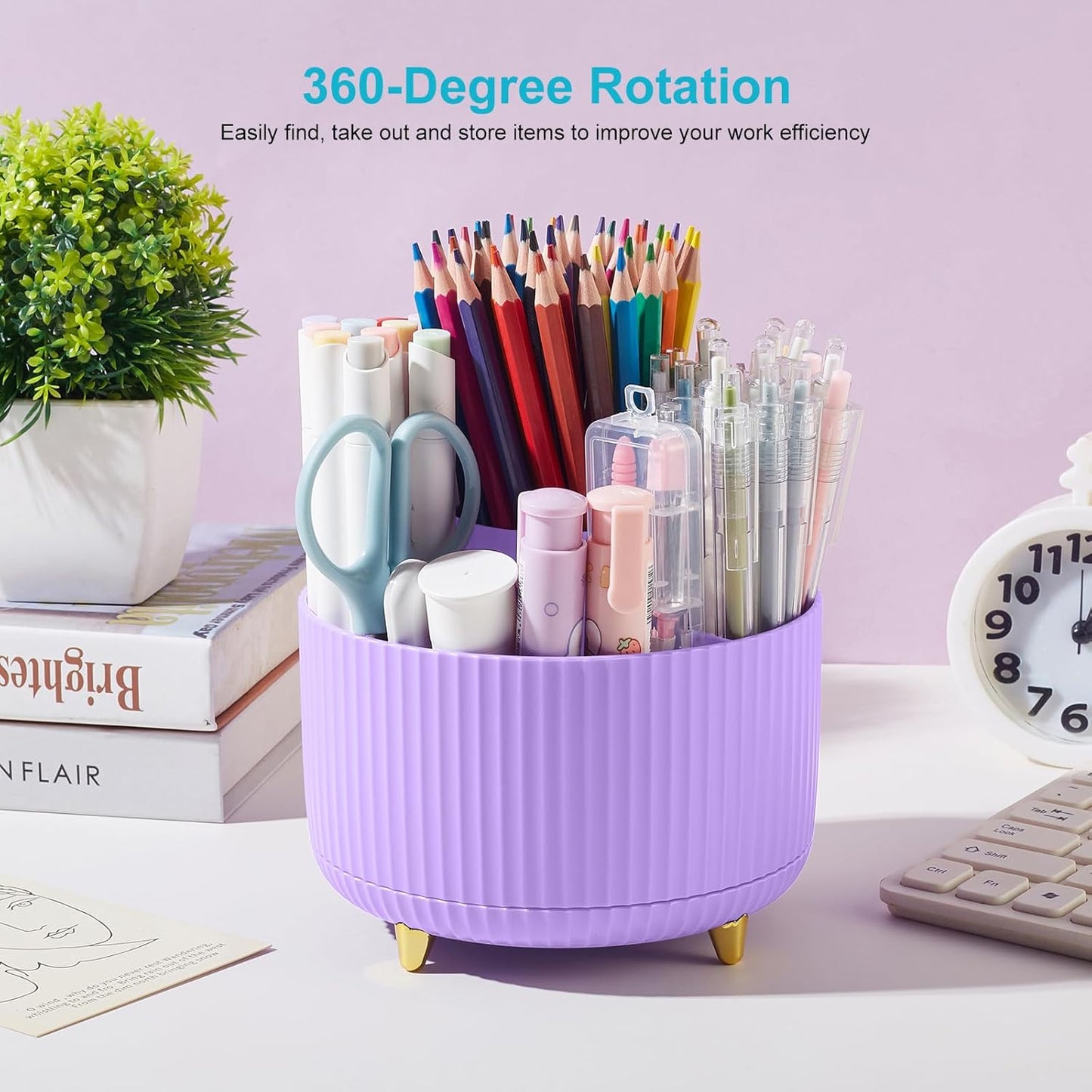 Desk Pencil Pen Holder, 5 Slots 360 Degree Rotating Pencil Pen Organizers for Desk Desktop Storage Stationery Supplies Organizer Cute Pen Cup for Office School Home Art Supply Cream Yellow