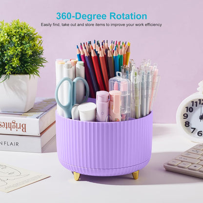 Desk Pencil Pen Holder, 5 Slots 360 Degree Rotating Pencil Pen Organizers for Desk Desktop Storage Stationery Supplies Organizer Cute Pen Cup for Office School Home Art Supply Cream Yellow