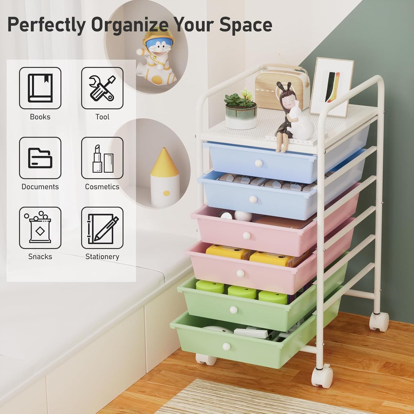 4-Tier Utility Cart with 4 Drawers, Rolling Utility Cart with 2 Lockable Caster Wheels, Multipurpose Mobile Rolling Drawer Cart for Office Bathroom Kitchen, Ivory White