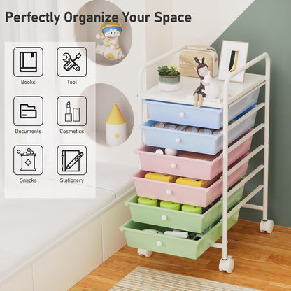 4-Tier Utility Cart with 4 Drawers, Rolling Utility Cart with 2 Lockable Caster Wheels, Multipurpose Mobile Rolling Drawer Cart for Office Bathroom Kitchen, Ivory White