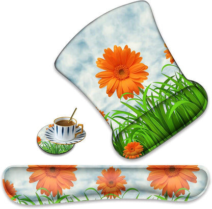 Ergonomically Upgraded Keyboard Wrist Rest and Comfortable Gel Mouse Pad Set, Non-Slip Rubber Base Cute Coaster, for Work, Game Home, Sunflower