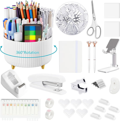 suniya Office Supplies,Gold Desk Accessories,with Stapler,Tape Dispenser,Pen Holder,Scissors,Phone Stand,Staple Remover,Ballpoint Pen,Clear Tape, Staples,Ruler,Clips,Best Gift for Business or Boss