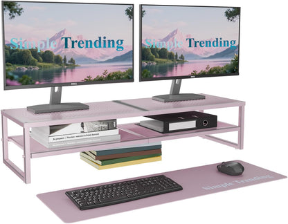 Simple Trending 2 Tier Metal Dual Monitor Stand Riser with 32"x10" Mouse Pad, Computer Desk Organizer for 2 Monitors, Laptop, Printer, TV, Black