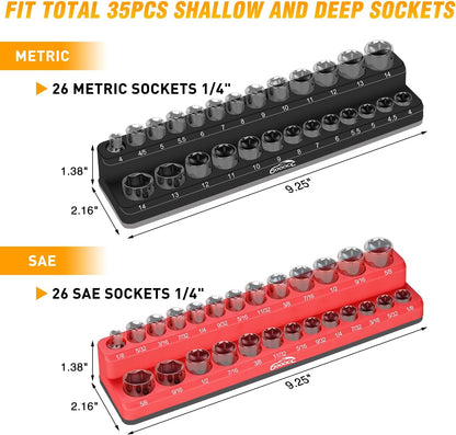 GOOACC 1/4" Magnetic Socket Organizer, 2 Pieces Socket Holder Metric SAE Socket Tray, 1/4 inch Socket Organizer Tray Holds 52 Standard Sockets for Tool Box Drawer