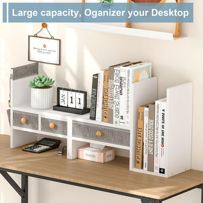 X-cosrack Adjustable Desk Shelves for Storage, Desktop Bookshelf with 3 Drawers, White Wood Desk Shelf for Top of Desk, Corner Desktop Organizer for Women Office