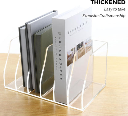 Acrylic Magazine File Holder, 4 Vertical Compartments Desk Document Sorter Organizer, Clear Folder Rack Binder for Office/Home/Classroom, for Documents, Tablet, Magazines, Books & Accessories