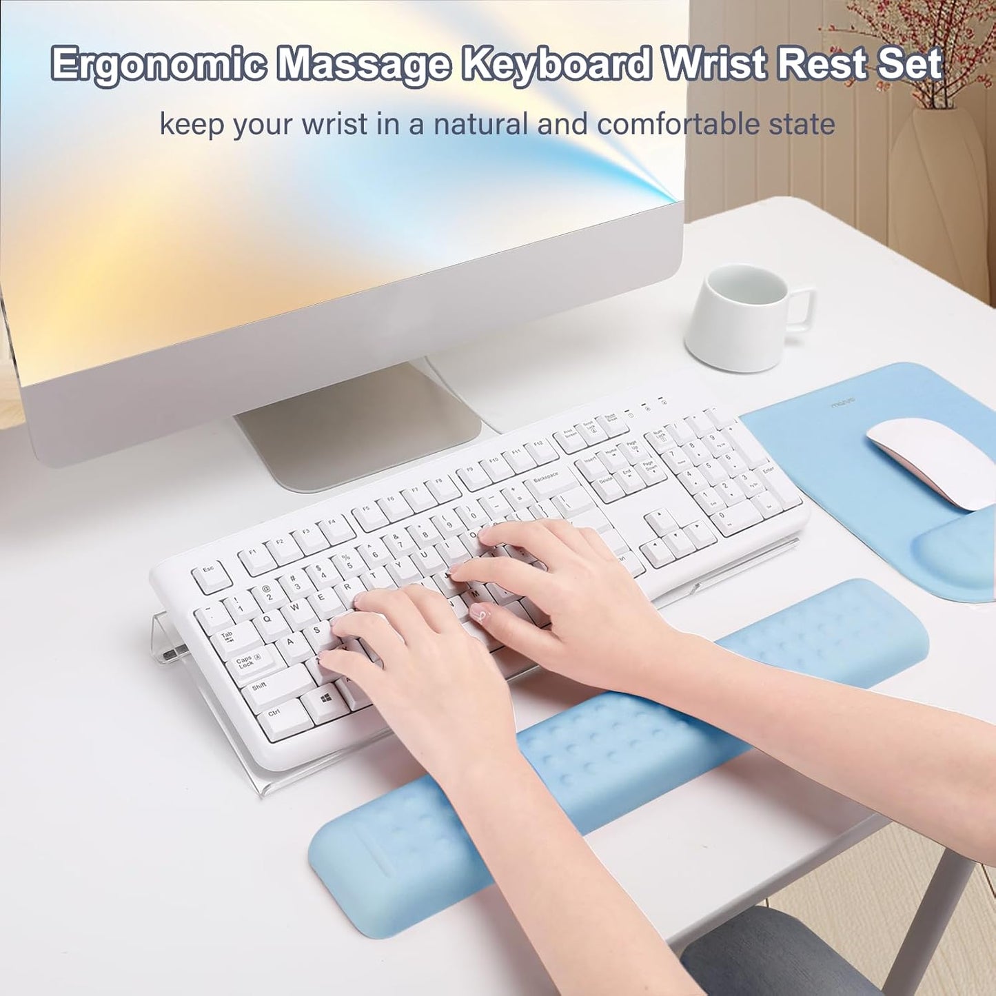 MOSISO Computer Keyboard Stand&Wrist Rest Support for Keyboard &Mouse Pad Set, Ergonomic Massage Wrist Rest Set, Easy Typing Working Acrylic Clear Stand for Office Home, Apricot