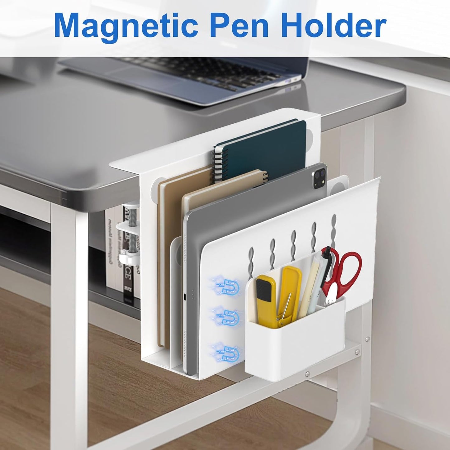 HAMOPY Desk Side Storage, Single-Layer Steel Hanging Desk Organizer with Magnetic Pen Holder, No Drilling Desk Drawer Cable Management Tray, Under Desk Laptop Holder for Office, School&Home(White)