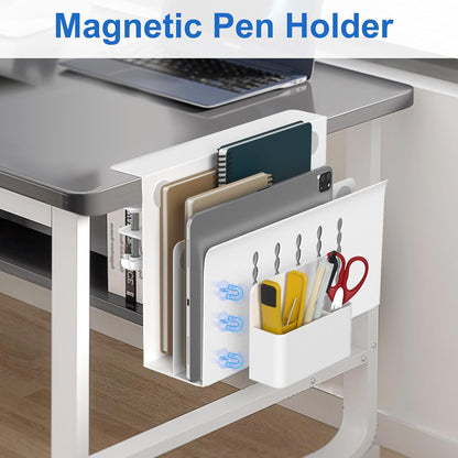 HAMOPY Desk Side Storage, Single-Layer Steel Hanging Desk Organizer with Magnetic Pen Holder, No Drilling Desk Drawer Cable Management Tray, Under Desk Laptop Holder for Office, School&Home(White)
