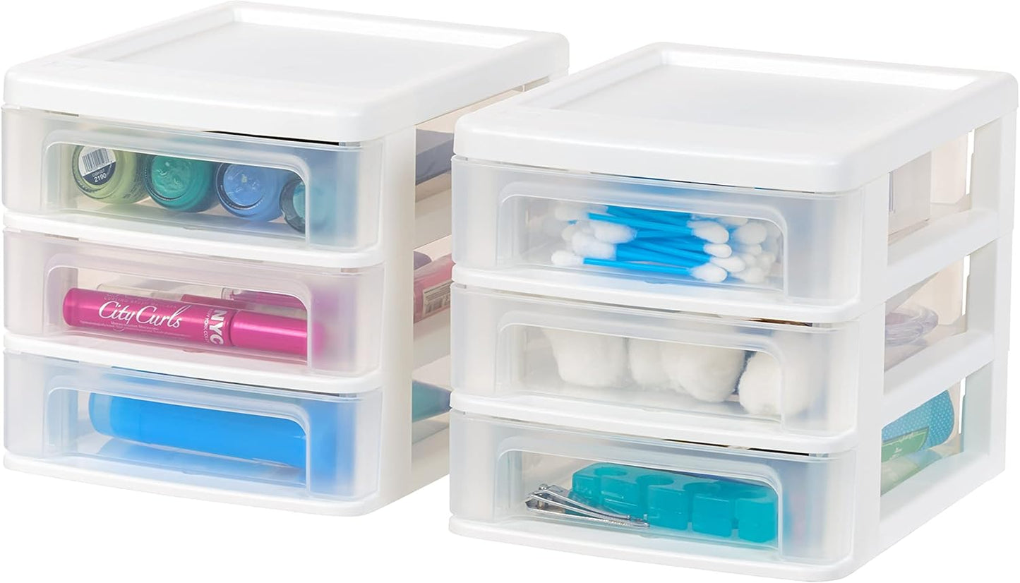 IRIS USA Plastic Stacking Desk Top 3-Drawer Storage Organizer, 2-Pack, for Makeup Vanity Nail Polish Bathroom Stationery Art Craft Supplies Kitchen Office Garage and Small Organization, Small, Black