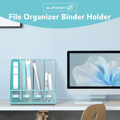 SUPEASY Magazine File Holder, Binder Holder Metal Desk Organizer with 4 Rack Compartments, File Organizer for Office Home School, Black