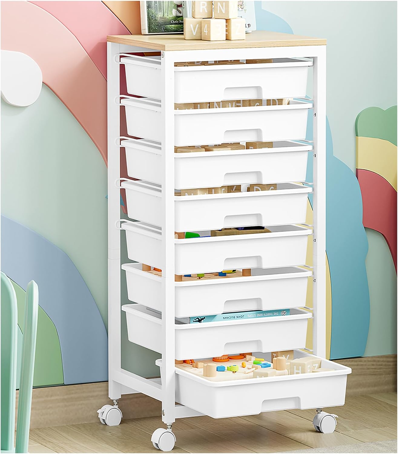 SYKIARIOL Rolling Storage Utility Cart with 6 Drawers and Wooden Tabletop for Under Desk Storage,White