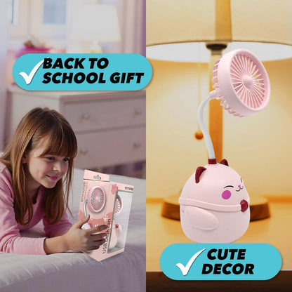 Cute Pink Cat Desk Fan with Pen Holder — Cat Fan for Women, Animal Fan, Funny Office Accessories, Cat Lover Gift, Small USB Fan, Aesthetic Decor