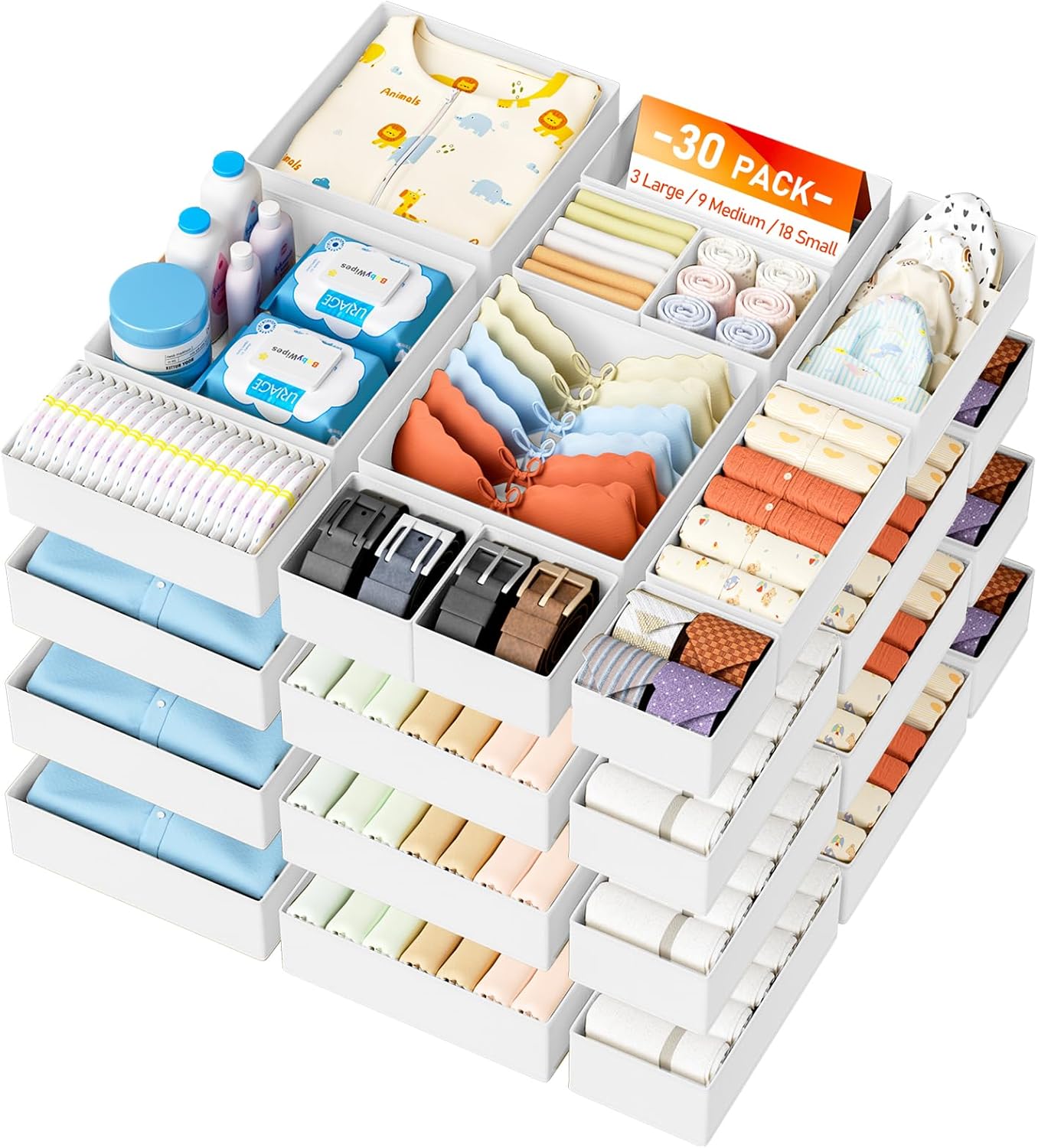 DIMJ Drawer Organizer Clothes - 20 Pack Closet Drawer Organizer Bins for Baby Clothes Storage, Fabric Dresser Organizer for Nursery Bedroom, Foldable Small Drawer Dividers for Underwear Socks