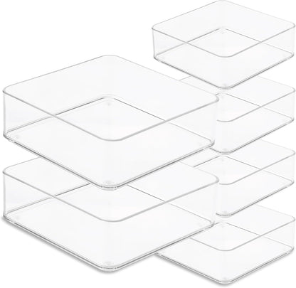 primebox Plastic Clear Drawer Organizers. Bathroom. Kitchen, Bedroom, Utensils, Office Organizer Bins, Storage Trays. Stackable. 9" x 6" x 2" Set of 6
