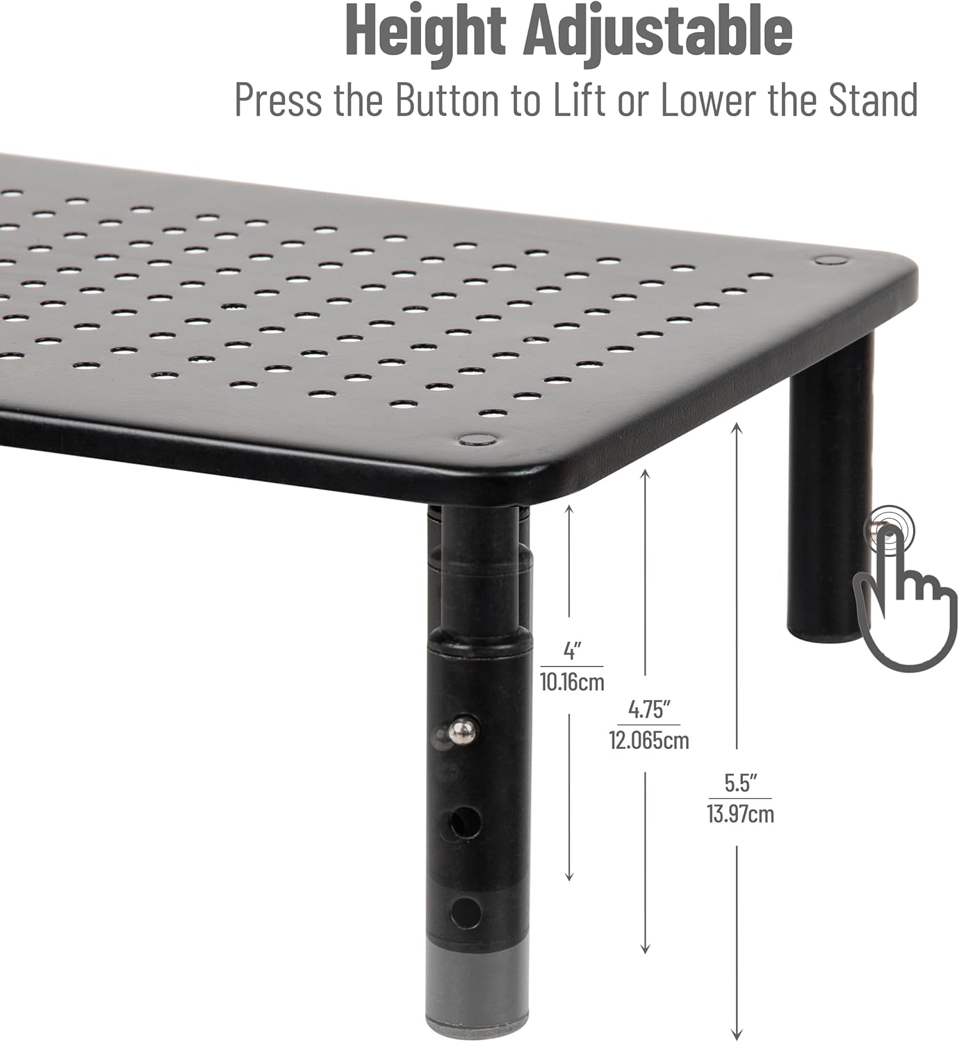 Mind Reader Monitor Stand, Height Adjustable, Ventilated Laptop Riser, Office, Metal, 14.5"L x 9.25"W x 5.5"H, Black