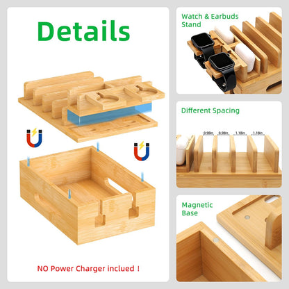 Bamboo Charging Stations for Multi Devices, Wood Desktop Docking Station Charger Organizer for Cell Phones, Tablets, Earphones, Watch (Includes 6 Charging Cables) (No Power Supply)