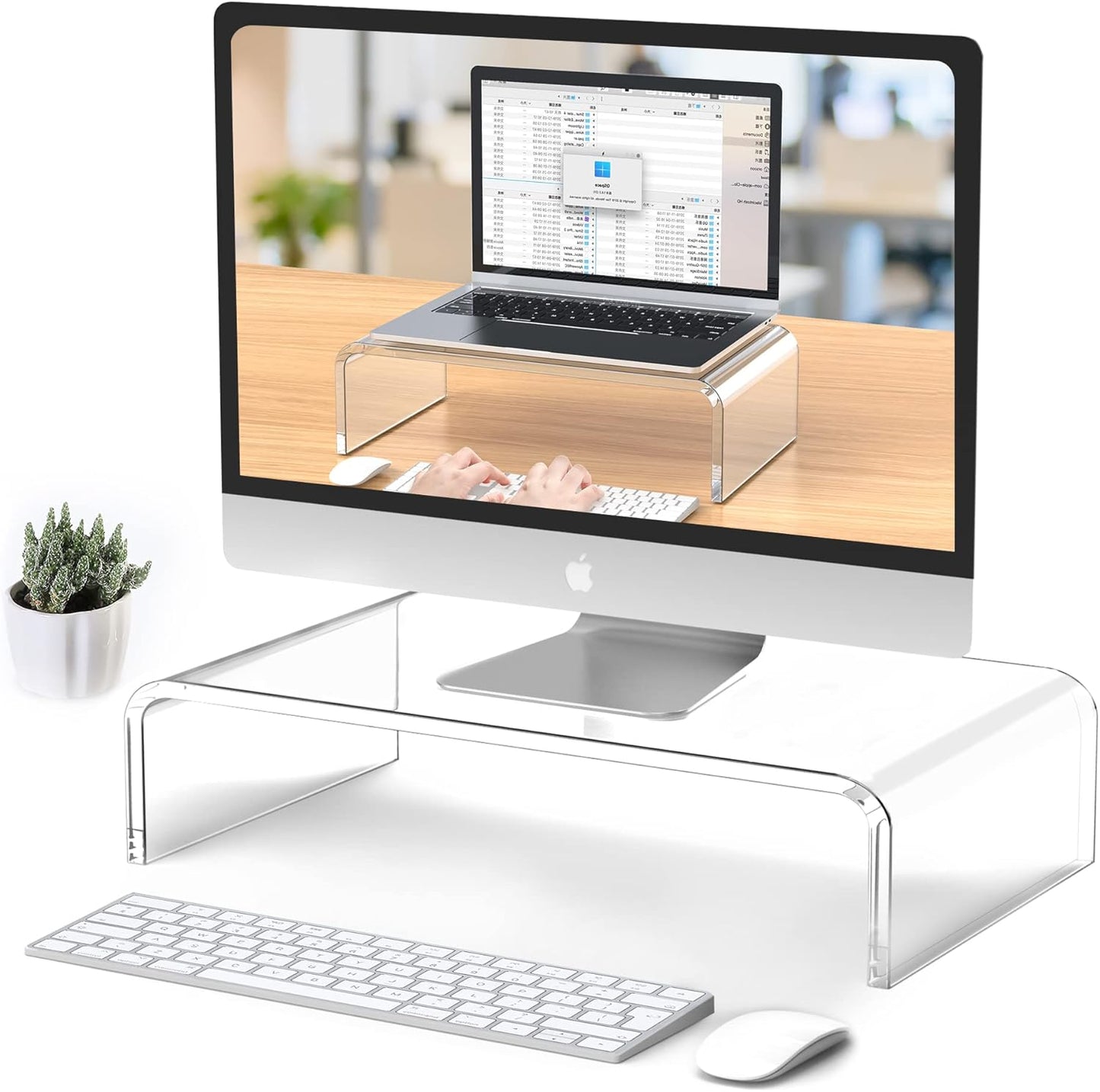 Acrylic Monitor Stand Riser Acrylic Laptop Stand for Desk Clear Computer Monitor Stand for Desk Accessories White Aesthetic Decorations for Office Home iMac Organizer