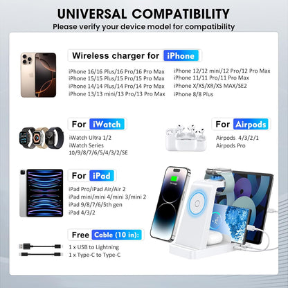 Wireless Charger for iPhone - 5 in 1 Charging Station for Multiple Devices Apple: Fast Wireless Charging Stand Dock for iPhone 17 16e 16 15 14 13 12 Pro Max Apple Watch Airpods