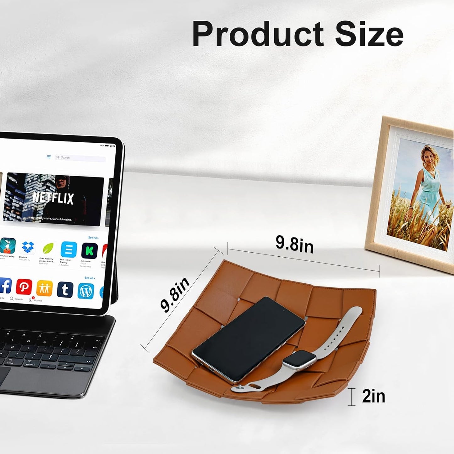 Valet Tray PU Leather Key Holder Bowl for Men Entryway Table Nightstand Desk Tray for Wallet, Keys Men's Gift - Brown & Black, 9.8" L x 9.8" W x 2" H