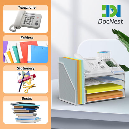 DocNest 4 Tier Metal Mesh Letter Tray - Space Saving Desk File Organizer with Handle, Pen Holder & Folder Holder - Desktop Document Sorter for Office, Home, School, Classroom - Black