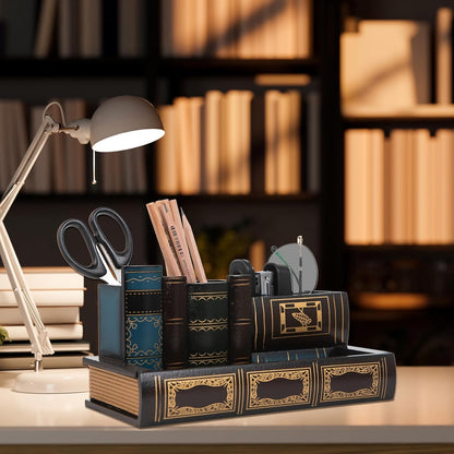 VERGOODR Decorative Pencil and Pen Holder with Storage Drawer, Wooden Desk Organizer Caddy, Antique Library Books Design Pen Cup for Office Supplies, Countertop, Desk,Table (Reddish brown)