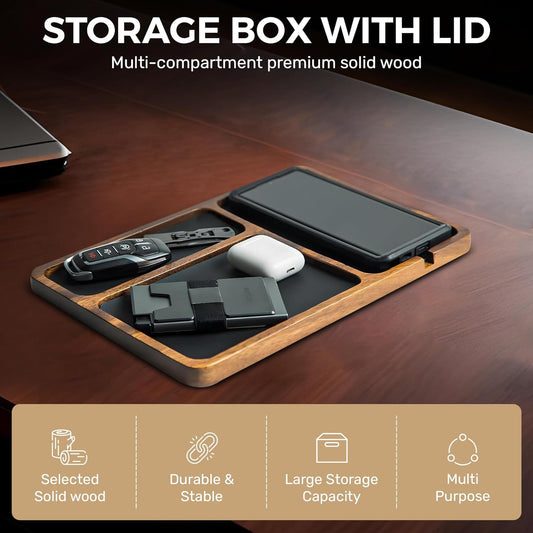 Premium Acacia Wood and Leather Valet Tray for Men; Night Stand Vanity Tray, Mens Valet Tray Organizer, Bedside Caddy, Desk Organizer; Key, Jewelry, Sunglasses Storage and Organizer; Catch All Tray