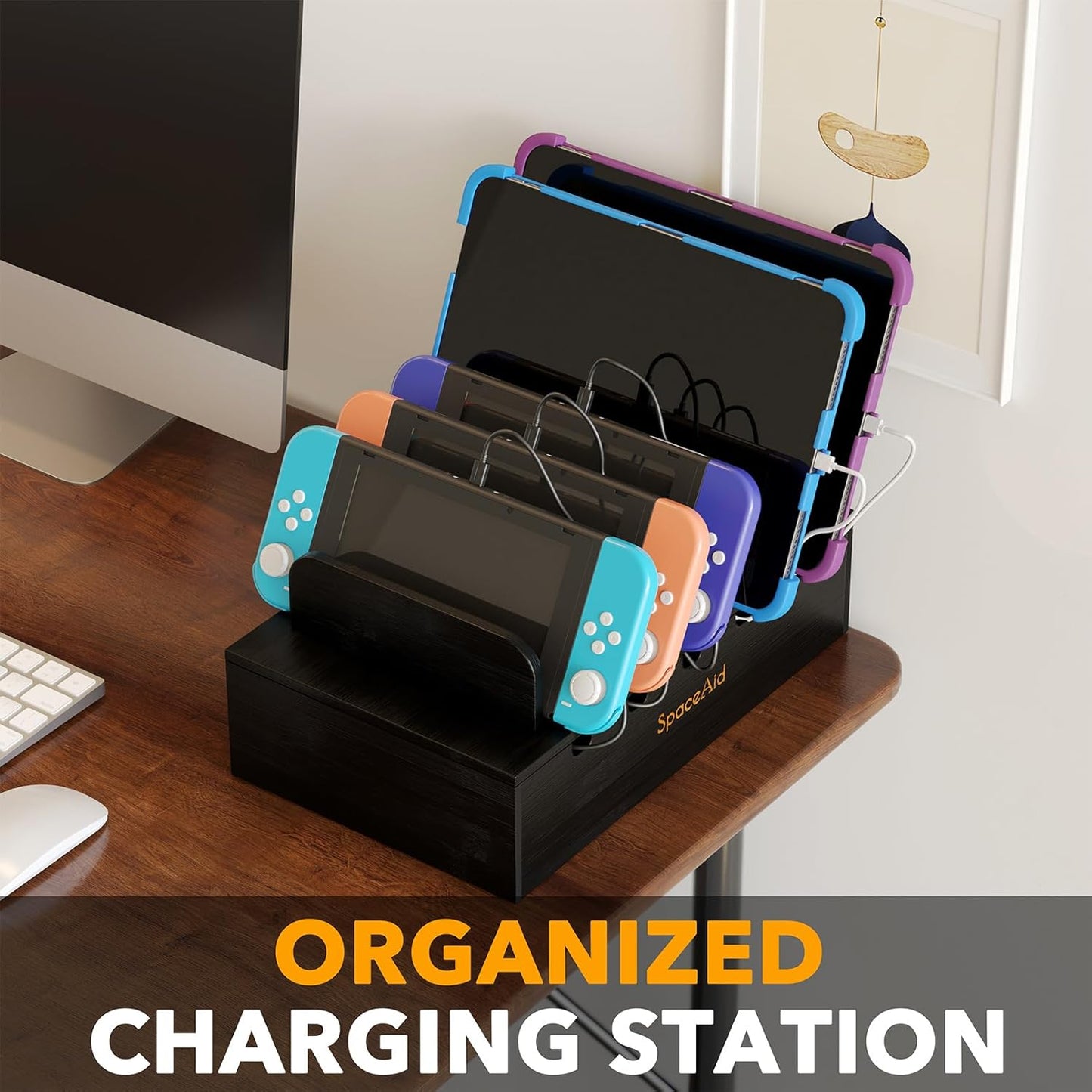 SpaceAid Bamboo Charging Station for Multiple Devices, Cell Phone Docking Stations for Multi Laptop, Tablets and iPads, Nightstand Bedside Desk Device Charger Organizer (Natural)