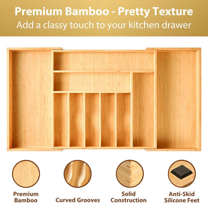 Umilife Bamboo Kitchen Drawer Organizer, 13 Inch Silverware Utensil Tray Holder, Extra Deep Grooved Drawer Divider, 7 Slots Total Bamboo Wood Caddy for Flatware Cutlery Knives, Forks, Spoons