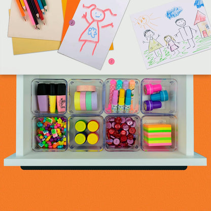 Acrimet 8-Pack Clear Plastic Drawer Organizer Set, Square Crystal Desk Drawer Trays and Dividers, Storage Bins for Office, Makeup, Kitchen, Bathroom and Junk Drawer