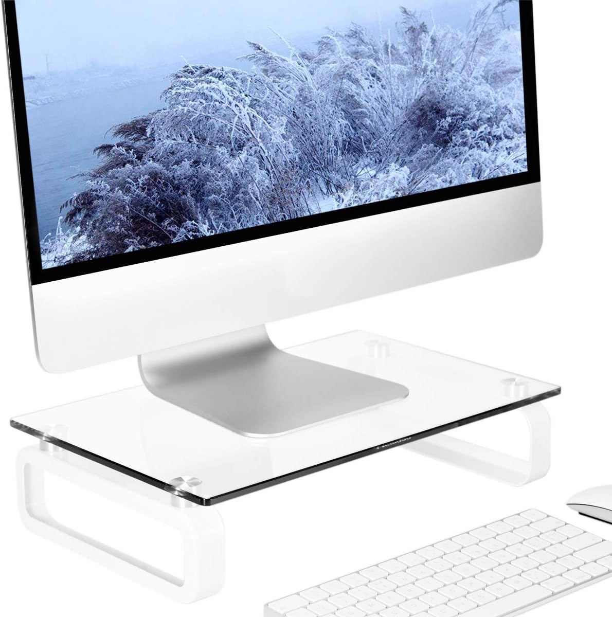 Hemudu Computer Monitor Stand Riser Multi Media Desktop Stand for Flat Screen LCD LED TV, Laptop/Notebook, with Tempered Glass and Metal Legs, Black HD02B-001U