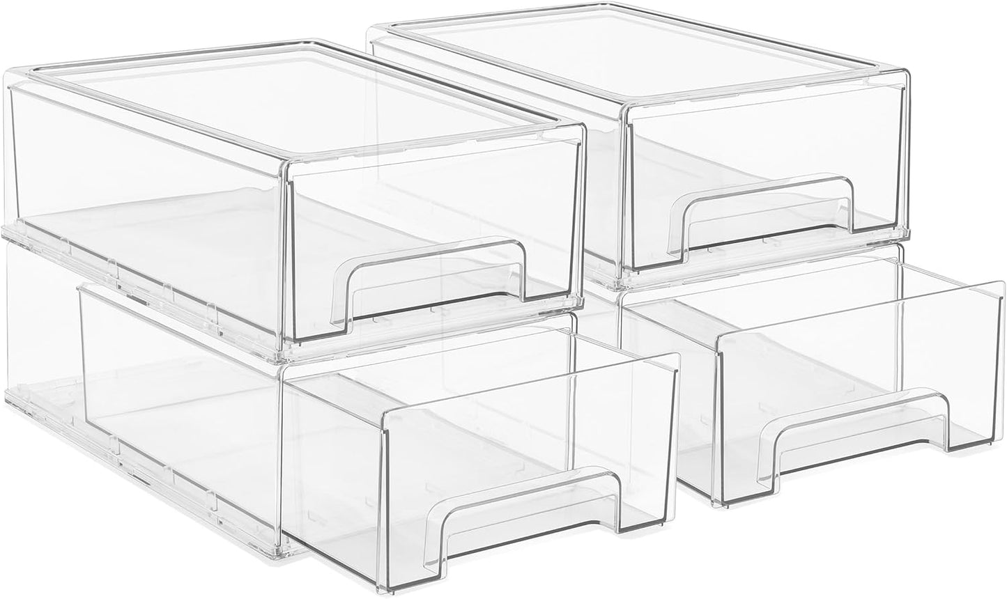 Sorbus Small Clear Stackable Storage Drawers – 4-Pack Plastic Organizer Bins with Handles – Stackable Pull-Out Storage Drawers for Closet, Pantry, Office, Bathroom, Craft, and Toy Organization