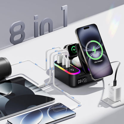 65W 8-in-1 Charging Station, 15W Magnetic Wireless Charger with Retractable Cable, 30W USB C Fast Charging Stand for iPad, Multiple Devices for iPhone 17 16 15 14 13 12 Pro Max Apple Watch Airpods