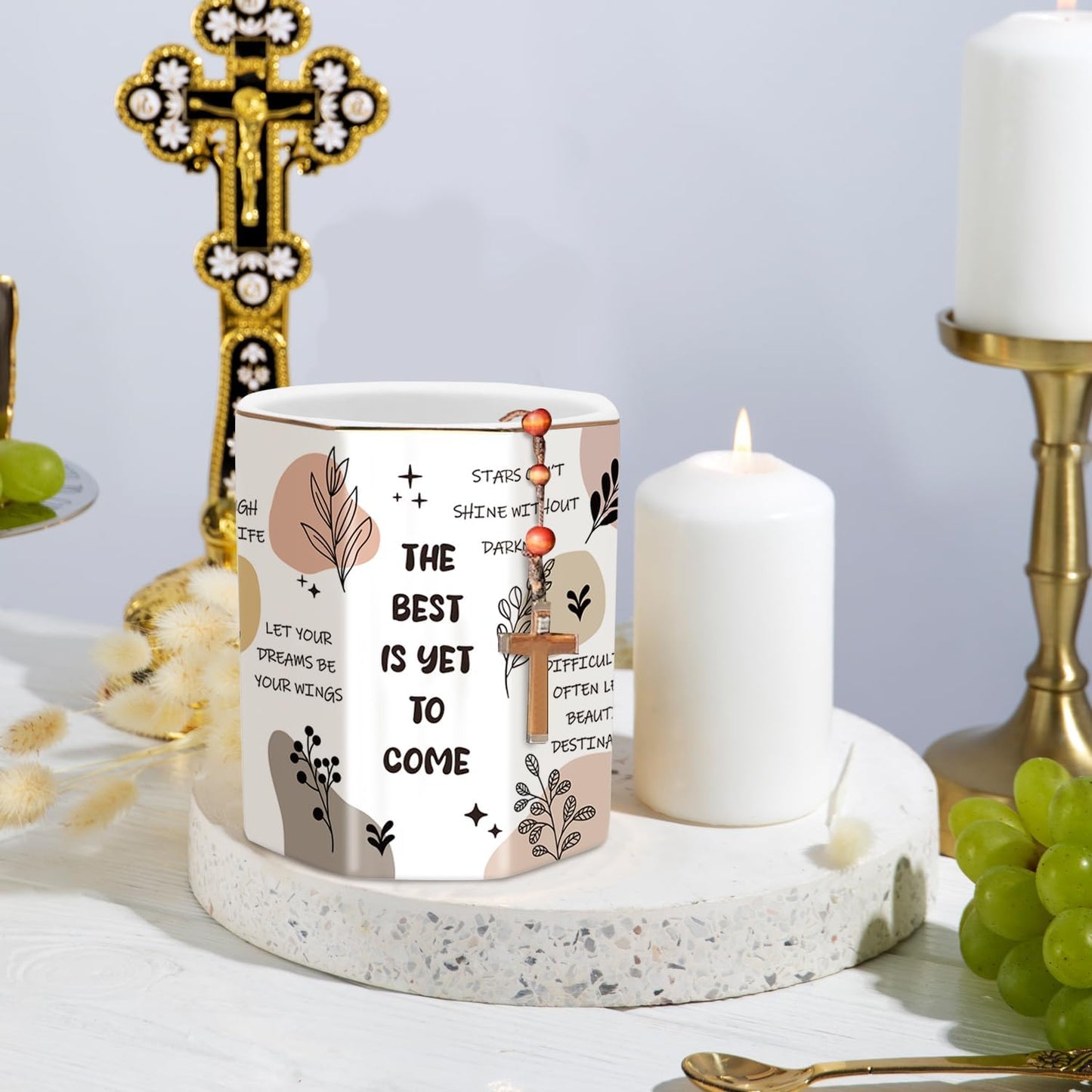 WAVEYU Ceramic Pen Holder for Desk Cute, Pencil Cup Pot Desk Organizer, Makeup Brush Holder for Women, Men, Kids, Desk Marble Decor for Office, Classroom, Home, Gray Golden