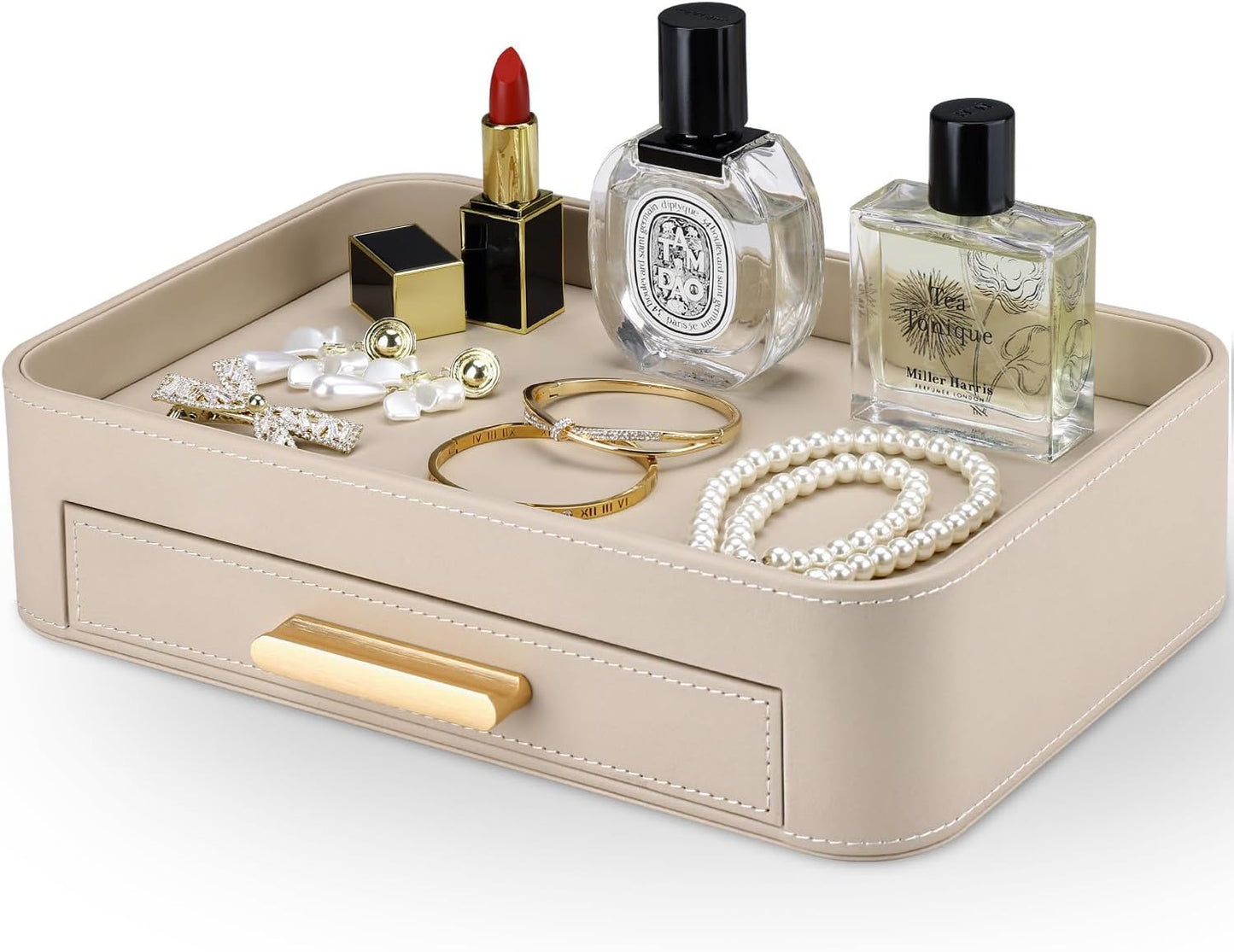 GORESE PU Leather Valet Tray with Drawer, Nightstand Organizer Catch All Tray for Jewelry Perfume Purse Trinket Key Holder, EDC Trays for Desk Vanity Entryway Table, Gift for Women Men, Cream White