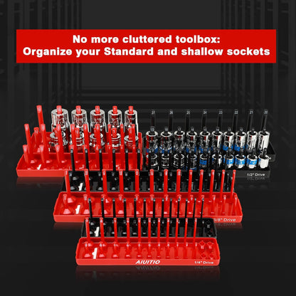 AIUITIO 6PCS Socket Organizer Tray Set, Red SAE & Black Metric Socket Storage Trays, 1/4-Inch, 3/8-Inch & 1/2-Inch Drive Deep and Shallow Socket Holders for Toolboxes