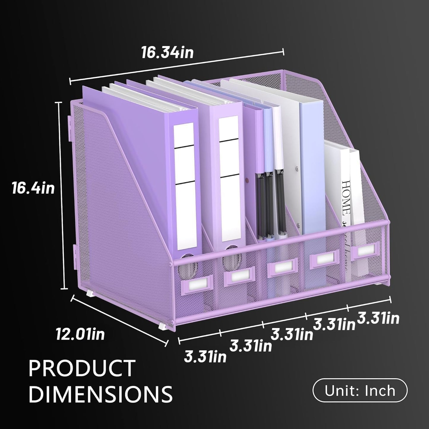 DALTACK 5 Vertical Compartments Magazine File Holder, Binder Organizer, Metal Desk Organizers for Office Home School Classroom Organization, Black