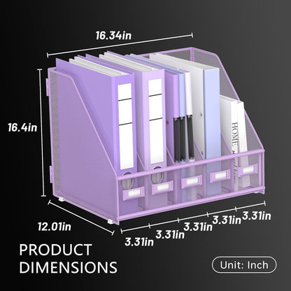 DALTACK 5 Vertical Compartments Magazine File Holder, Binder Organizer, Metal Desk Organizers for Office Home School Classroom Organization, Black