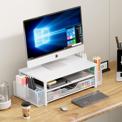 OPNICE Desk Organizer and Accessories, 2-Tier Computer Monitor Stand Riser with Drawer and 2 Pen Holders, Laptop Stand, Office Desk Accessories for Office Supplies, Black