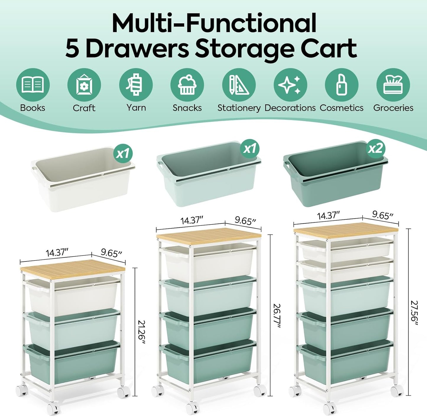 Rolling Storage Cart with 3 Drawers, Craft Organizer, Wooden Tabletop Utility Cart for Bedroom, Children's Room and Office Organization, Under Desk Trolley with Lockable Wheels,White