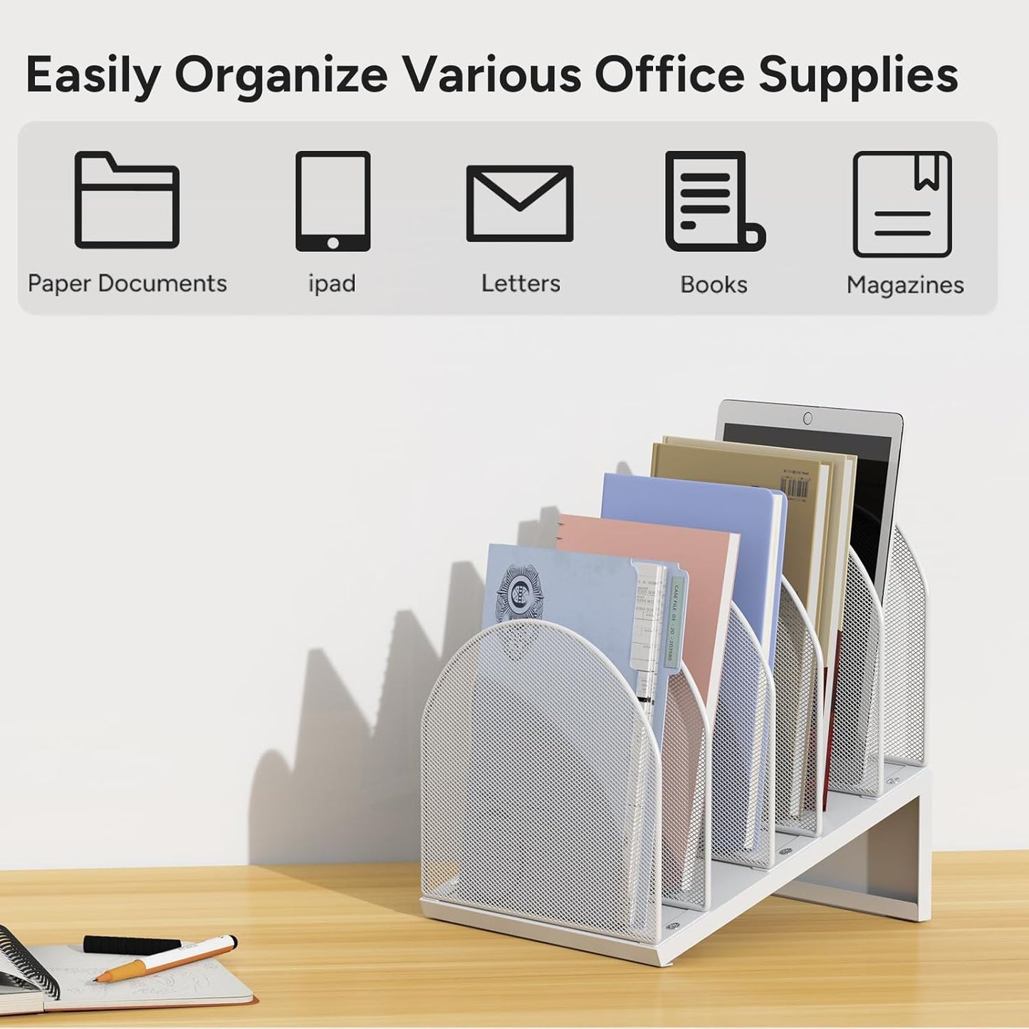 5-Section Desk File Organizer, Metal Mesh Folder Organizer for Documents, Mail & Office Papers (Black)
