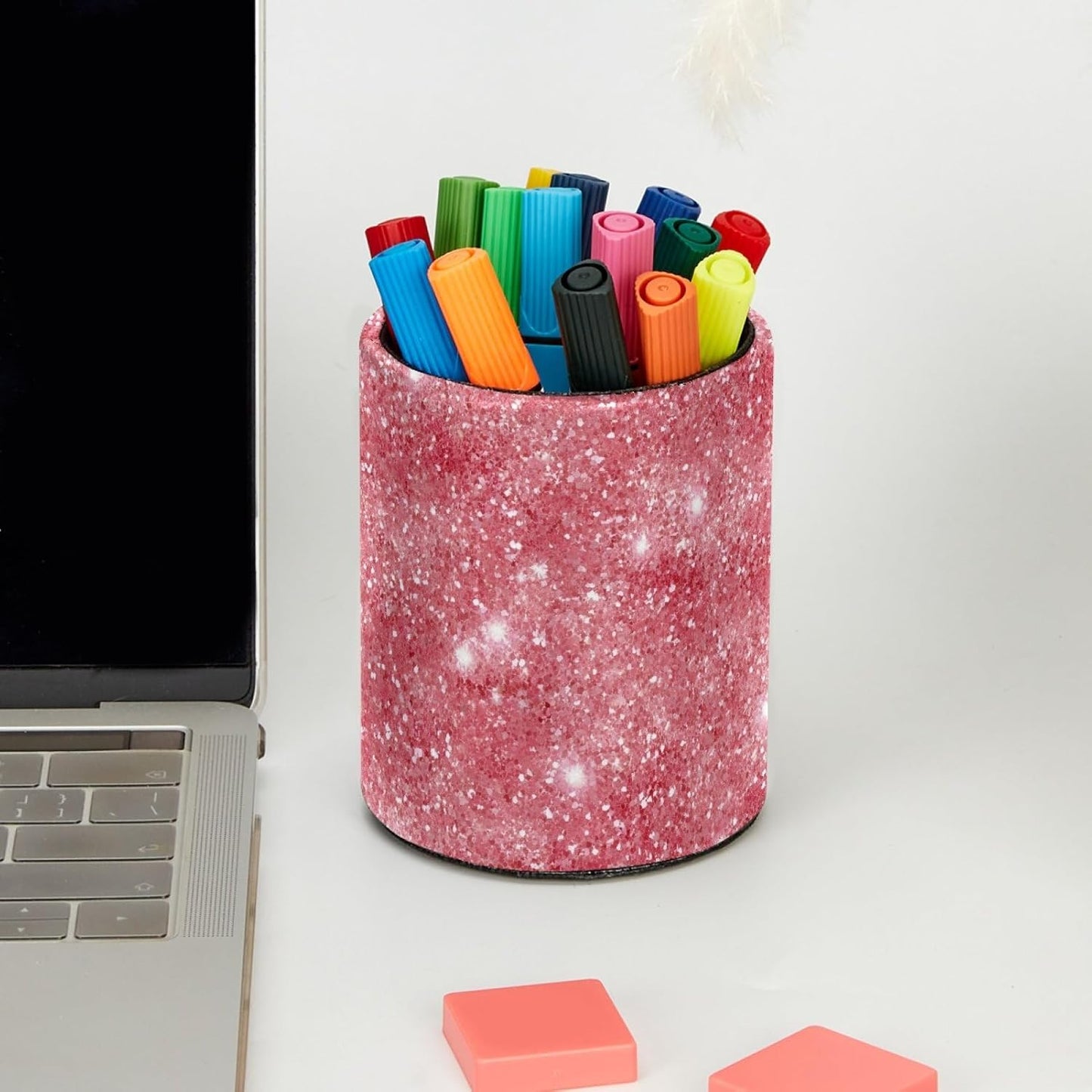 Leather Pen Holder for Desk, Love Cherry Pencil Organizer Pencil Cup Desk Decor Makeup Brush Holder Multifunctional Office Supplies for Home,Office, School