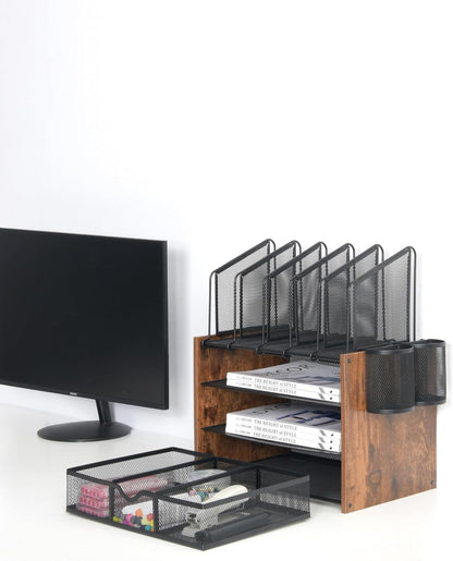 Wooden Desk Organizer - 4-Tier Desktop File Organizer with Drawer, Wooden Paper Tray, Vertical File Holders & 2 Pen Holders - Office Desk Organizer for Papers, Mail, Notebooks, Stationery