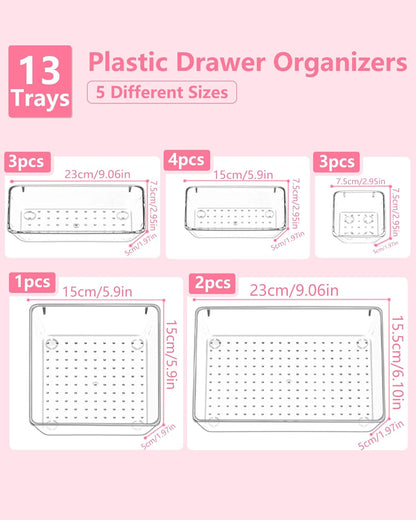Clear Drawer Organizers Set of 13, 5-Size Vanity Organizer Trays, Stackable Bathroom & Desk Drawer Organizer for Makeup, Jewelry, Kitchen Utensils, Office Supplies and Small Gadgets Storage