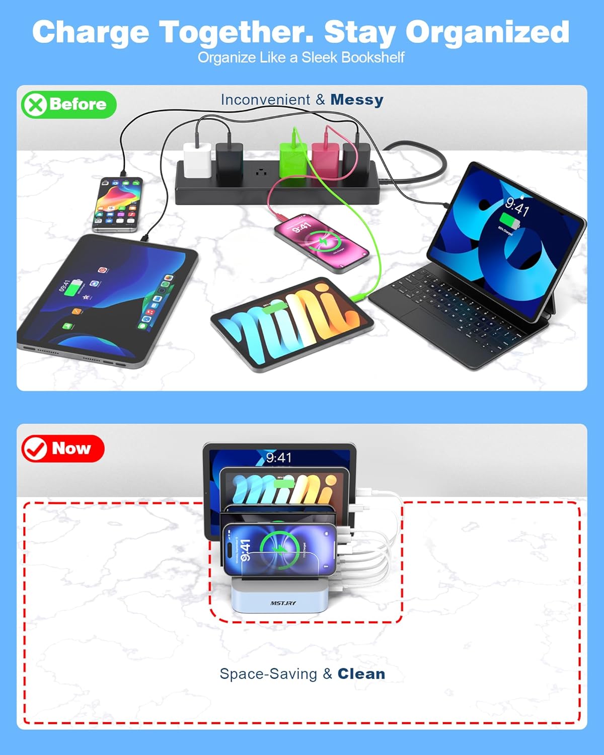 MSTJRY Charging Station for Multiple Devices : 5 Port Multi USB-A Charger Stations Multi-Device Organizer Charging Dock Designed for iPhone iPad Cell Phone Tablets (7 Short Cables Included)