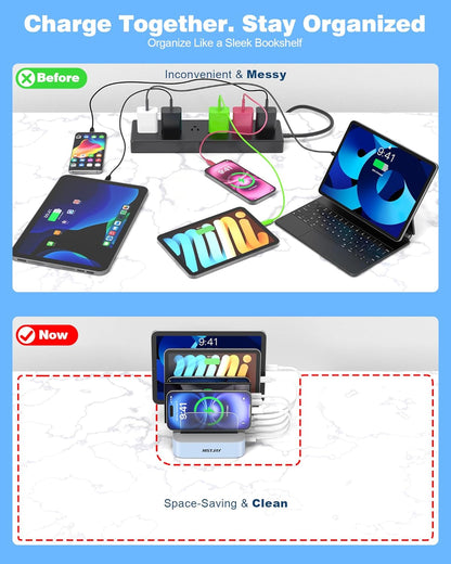 MSTJRY Charging Station for Multiple Devices : 5 Port Multi USB-A Charger Stations Multi-Device Organizer Charging Dock Designed for iPhone iPad Cell Phone Tablets (7 Short Cables Included)