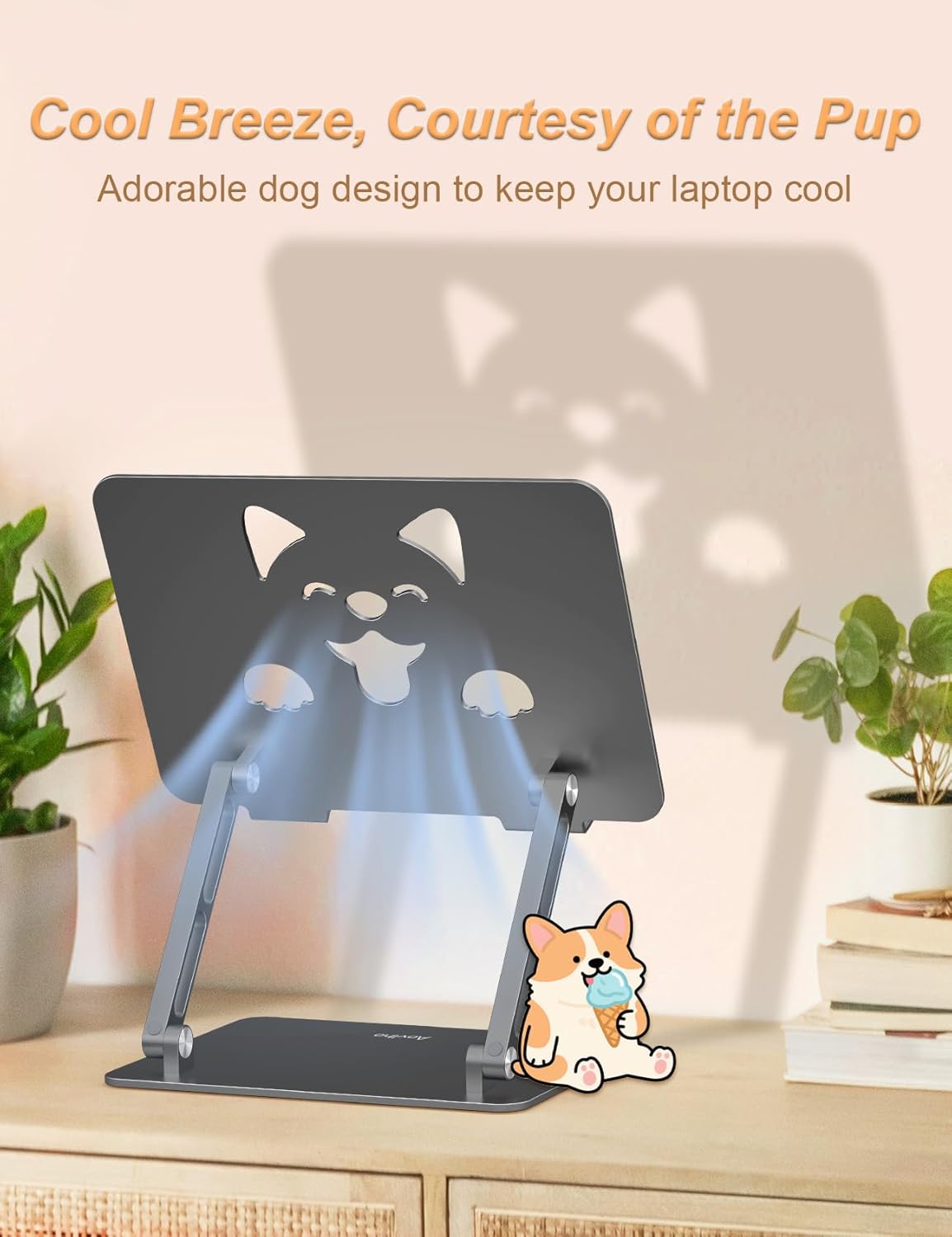 Aoviho Laptop Stand for Desk-Adjustable, Foldable, Portable, Ergonomic Aluminum Notebook Riser with Unique Puppy Cooling Vent, Desk Gift for 10"-17.3" Devices Mac, Dell, HP, Lenovo, Samsung, Gray