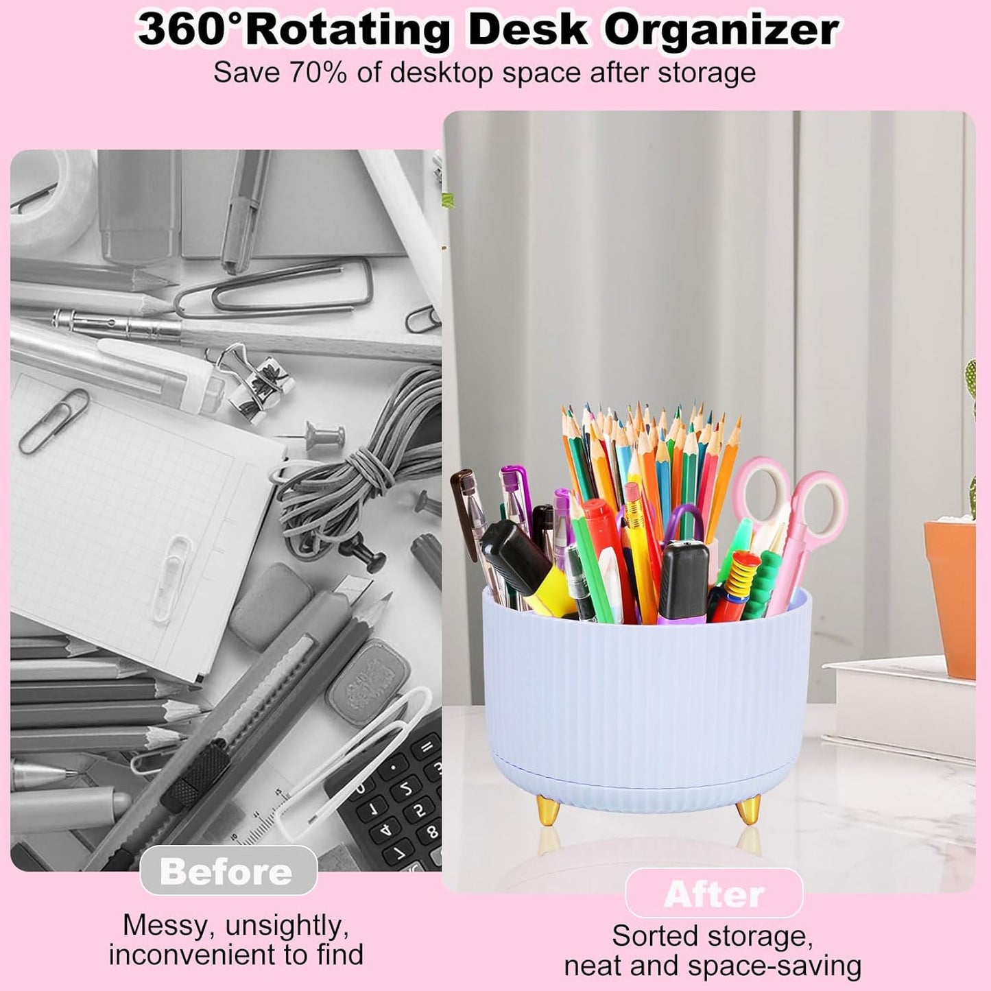 Gawsey Gold Desk Organizers and Accessories Set with 360-Degree Rotating Pen Holder, Acrylic Stapler, Tape Holder, Staple Remover, Binder/Paper Clips Kit, Scissor and 1 Box of Staples