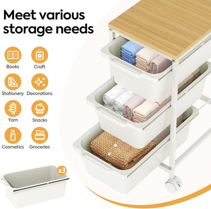 Rolling Storage Cart with 3 Drawers, Craft Organizer, Wooden Tabletop Utility Cart for Bedroom, Children's Room and Office Organization, Under Desk Trolley with Lockable Wheels,White